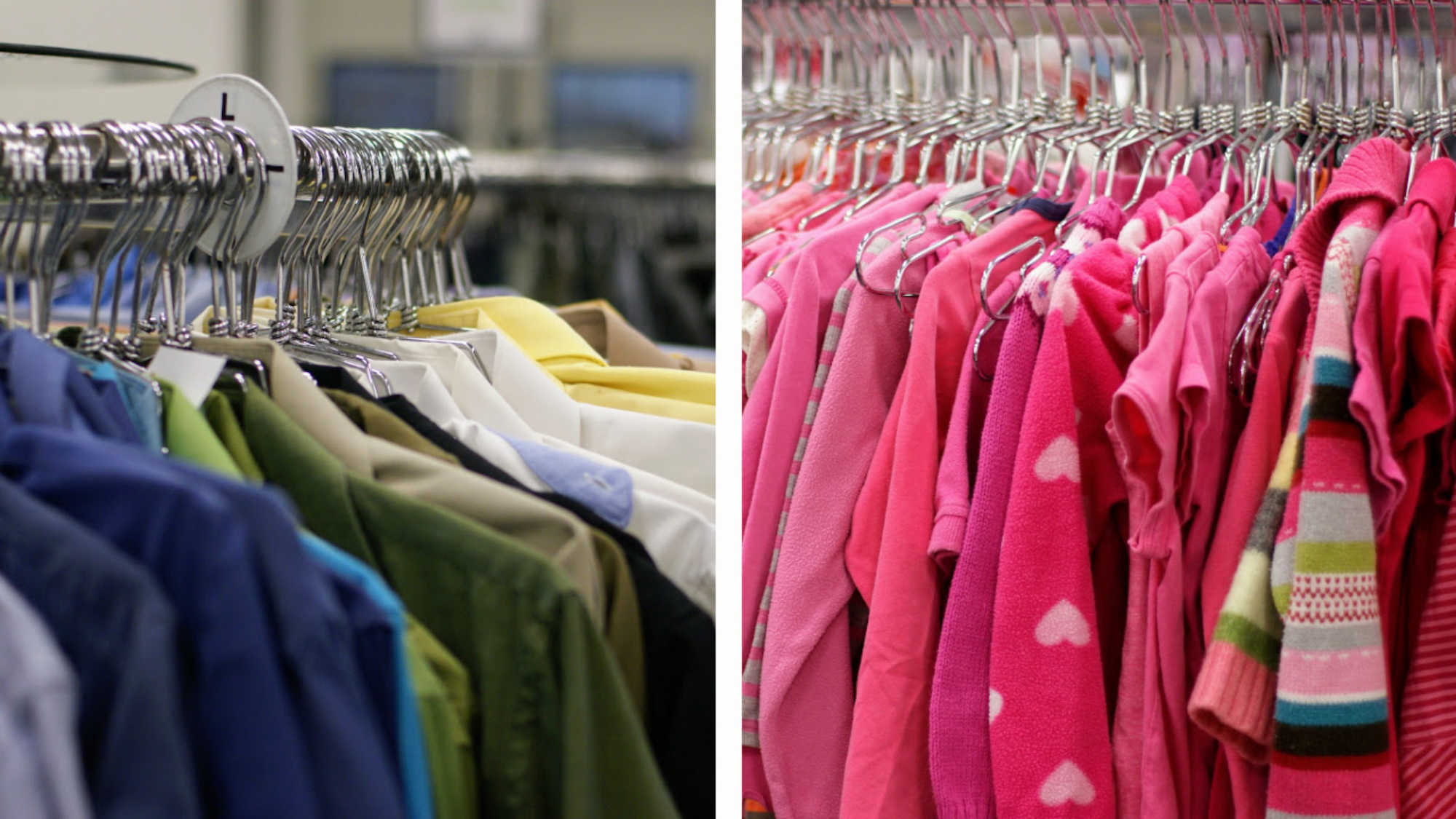 On the left, a rack of blue and green men's dress shirts at DI on the right, a DI rack full of pink clothing for children.